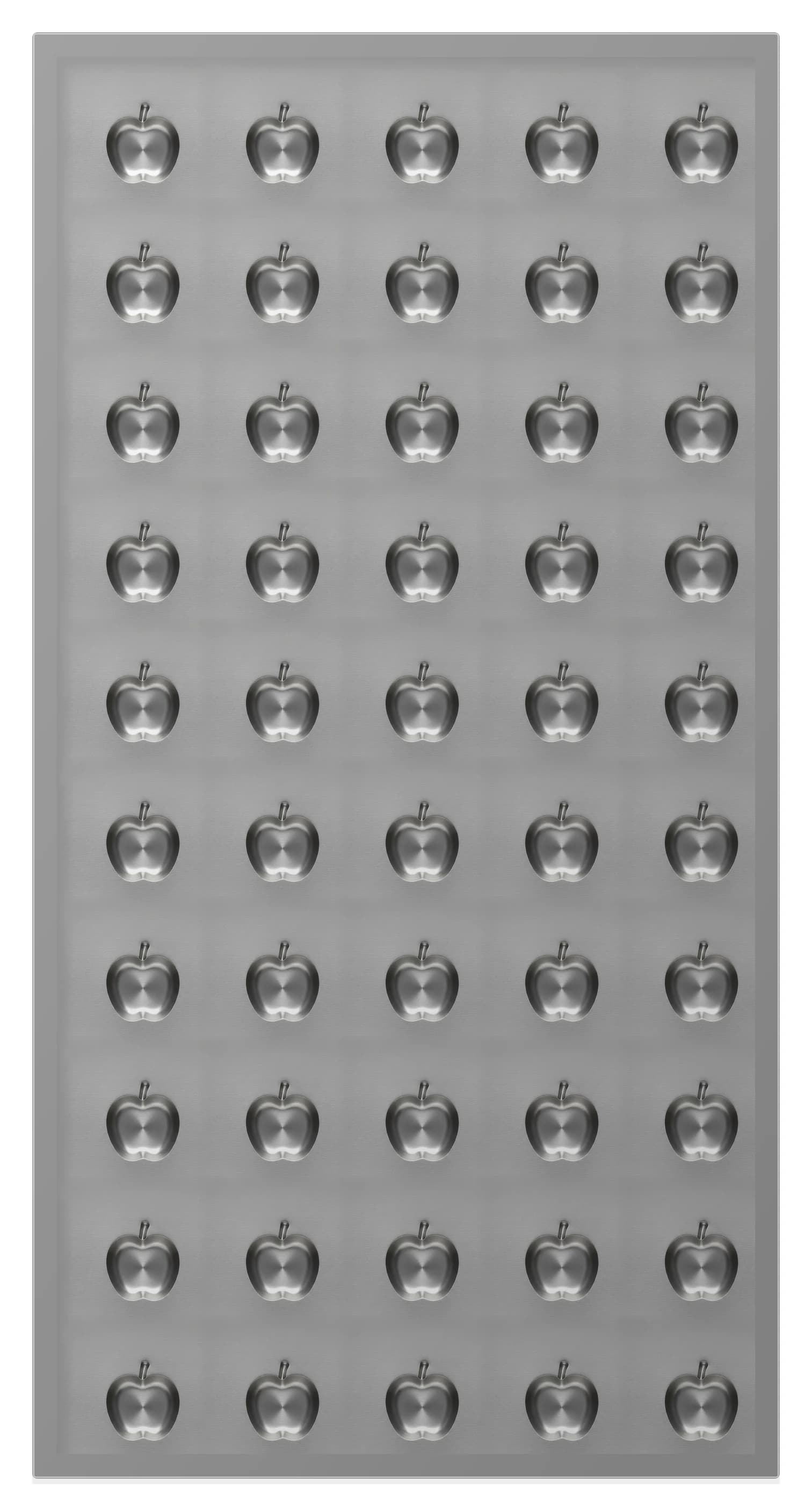 Brushed stainless steel plate with fifty apple-shaped cavities machined into its face, five across and ten rows down