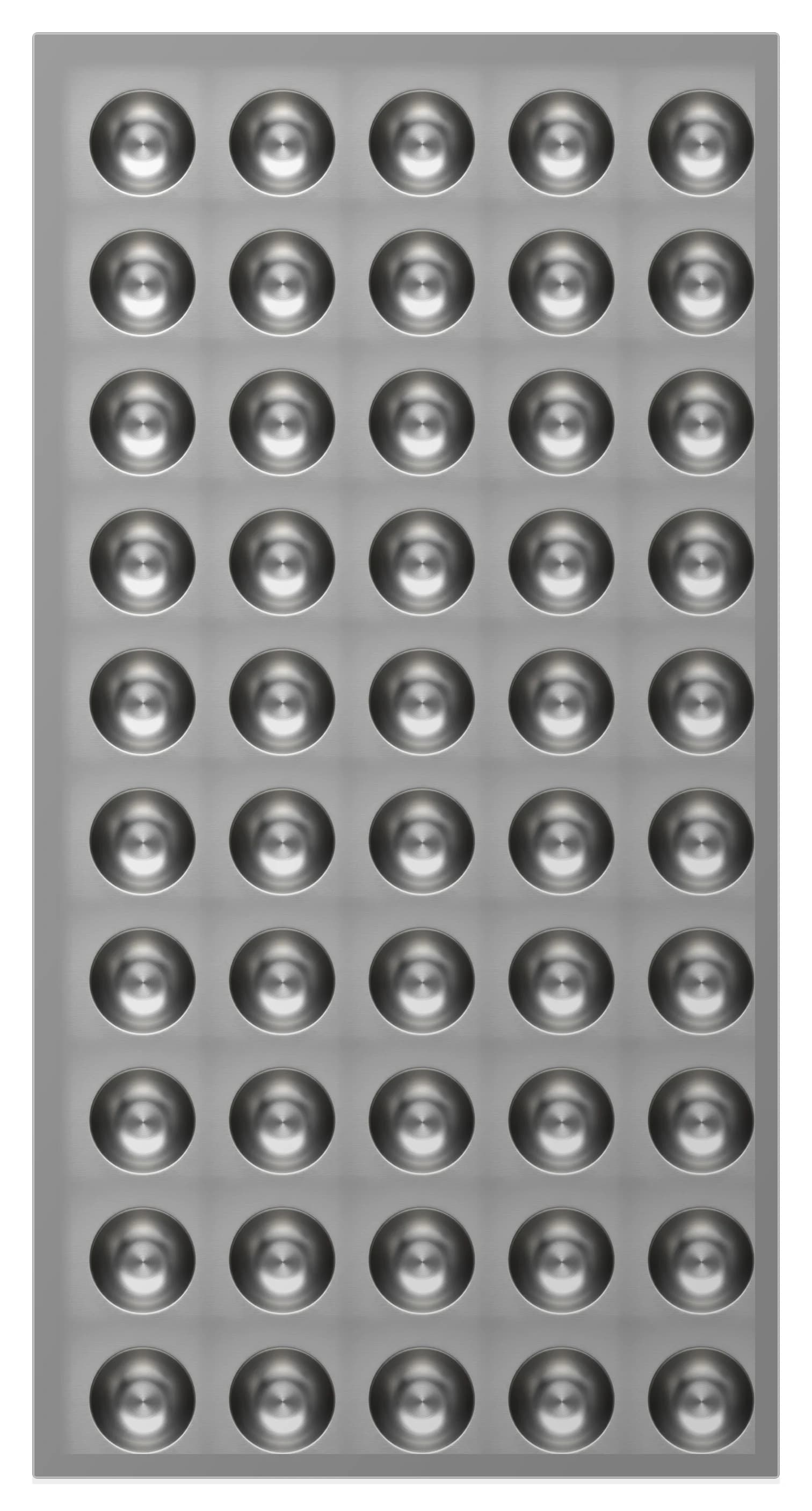 Brushed stainless steel plate with fifty hemispherical dome cavities machined into its face, five across and ten rows down