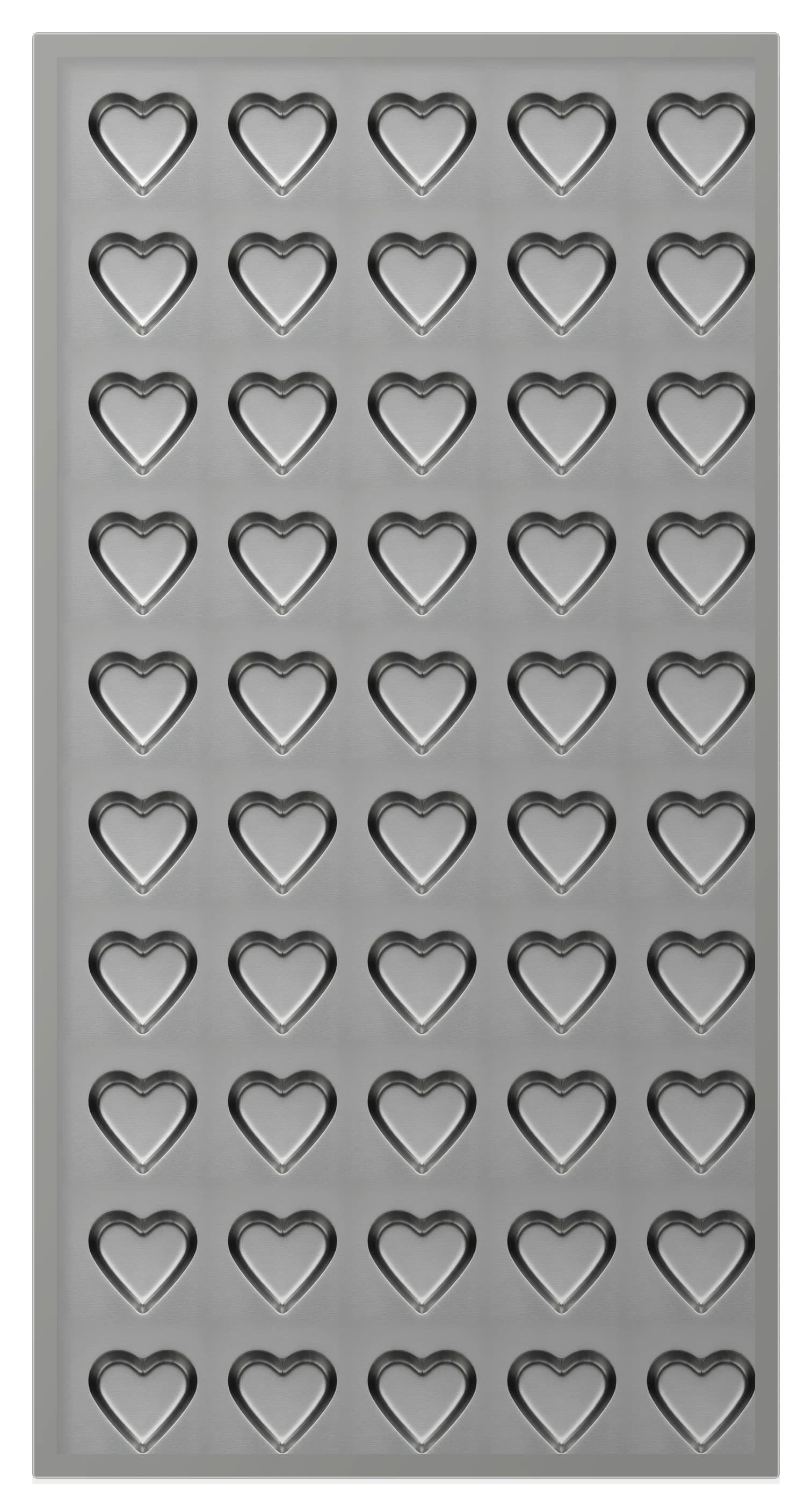 Brushed stainless steel plate with fifty heart-shaped cavities machined into its face, five across and ten rows down