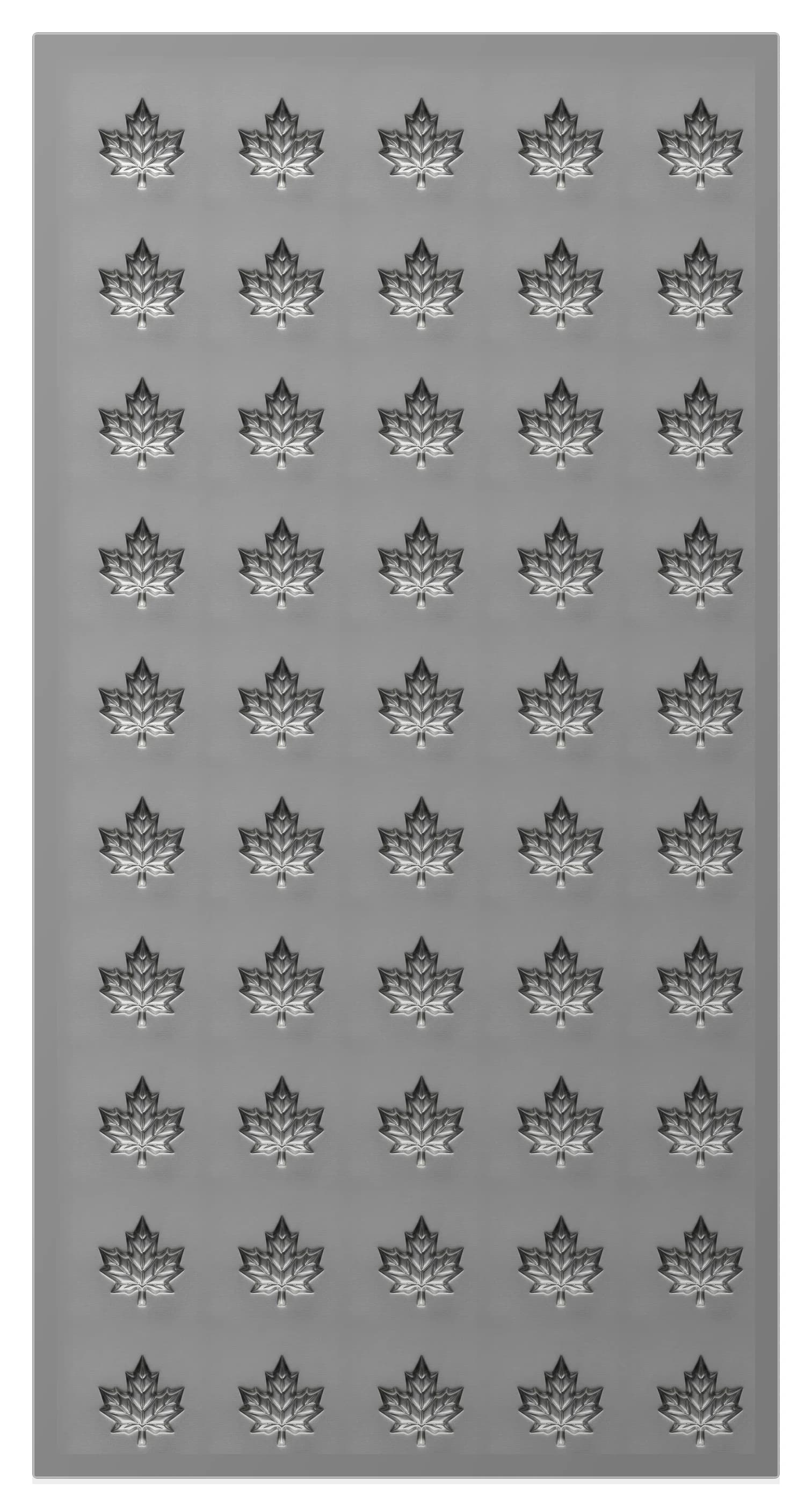 Brushed stainless steel plate with fifty maple-leaf cavities machined into its face, five across and ten rows down