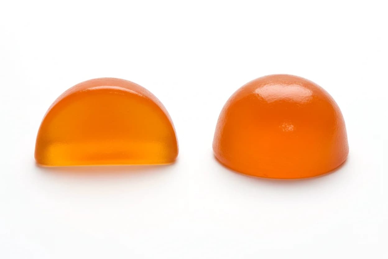 Two orange half-dome button gummies on white, one side-on showing the hemisphere profile and one angled from above