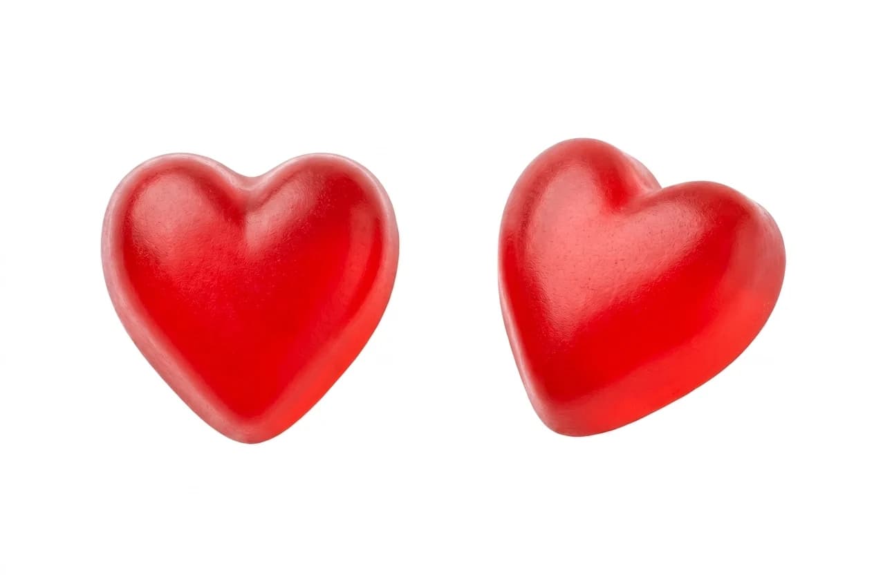 Two red heart-shaped gummies on white, one from above and one angled to show the moulded profile