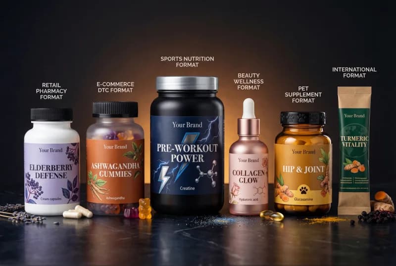 Complete product catalog featuring gummies, capsules, powders, drinks, and drops