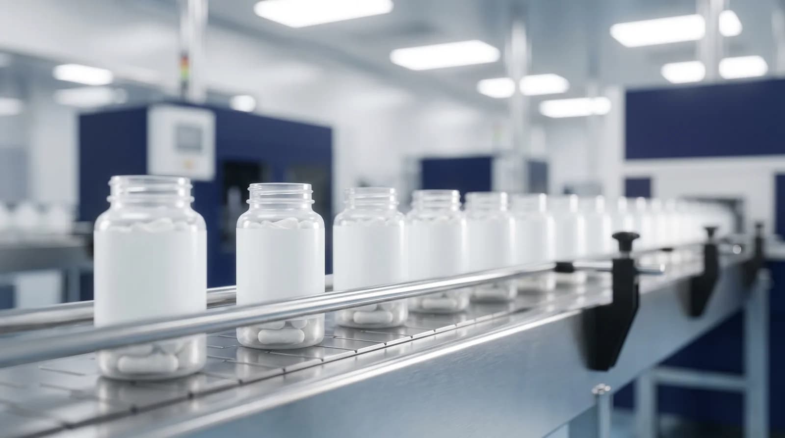 Finished supplement bottles on a production line
